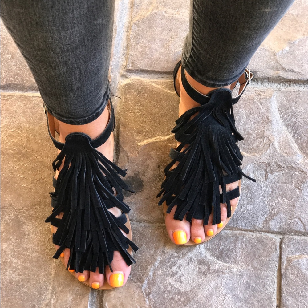 Black Fringe Suede Sandals - Picture 6 of 7