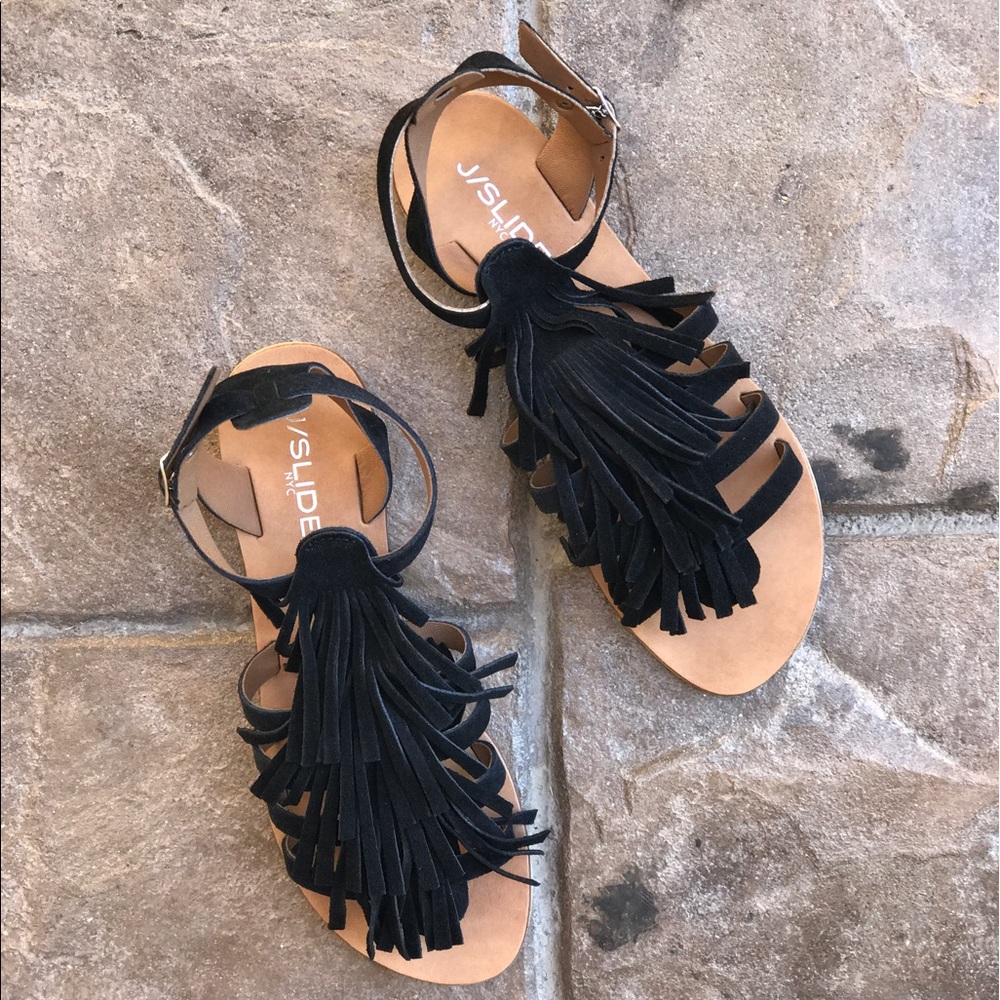 Black Fringe Suede Sandals - Picture 2 of 7