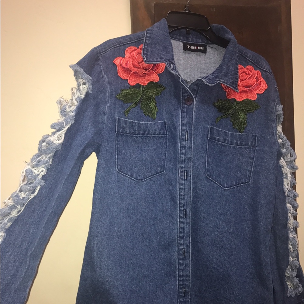 Distressed rose denim jacket
