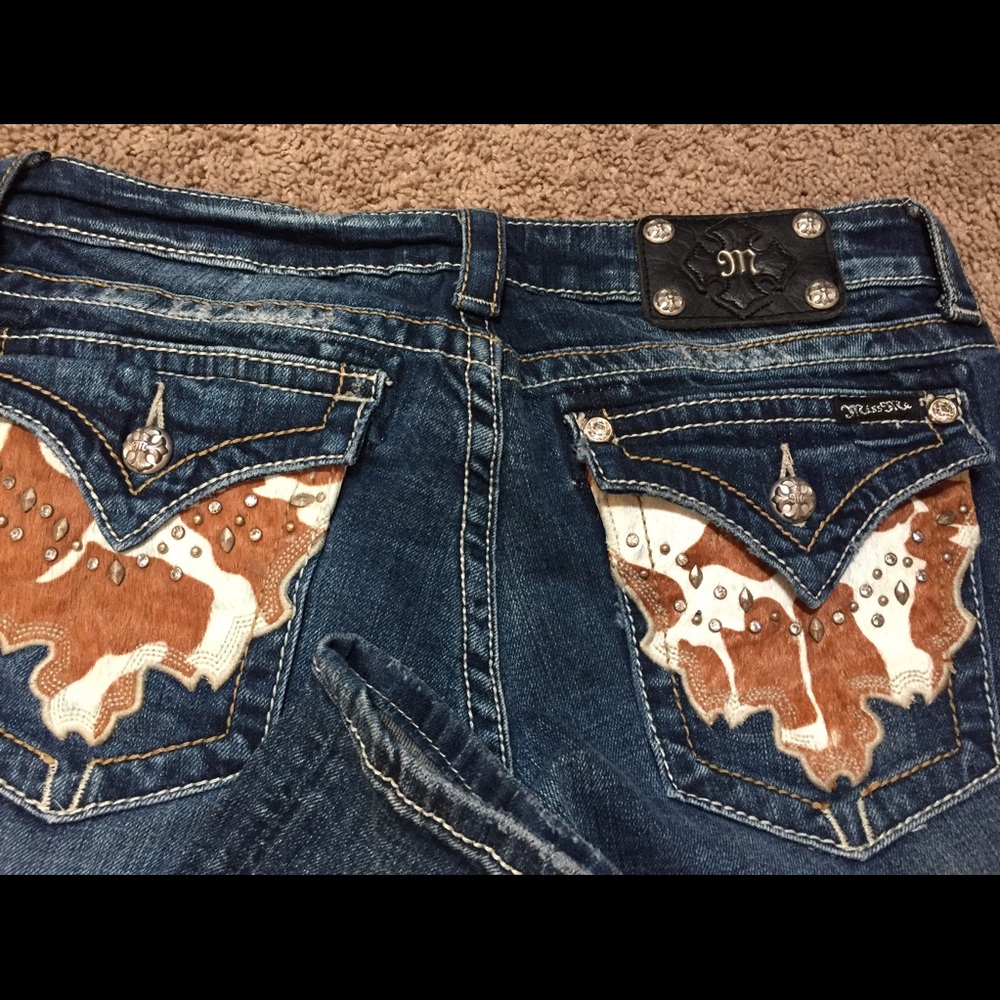 Miss Me Cow skin pocket bootcut