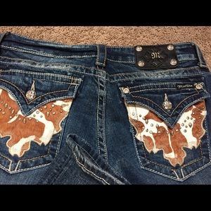 Miss Me Cow skin pocket bootcut