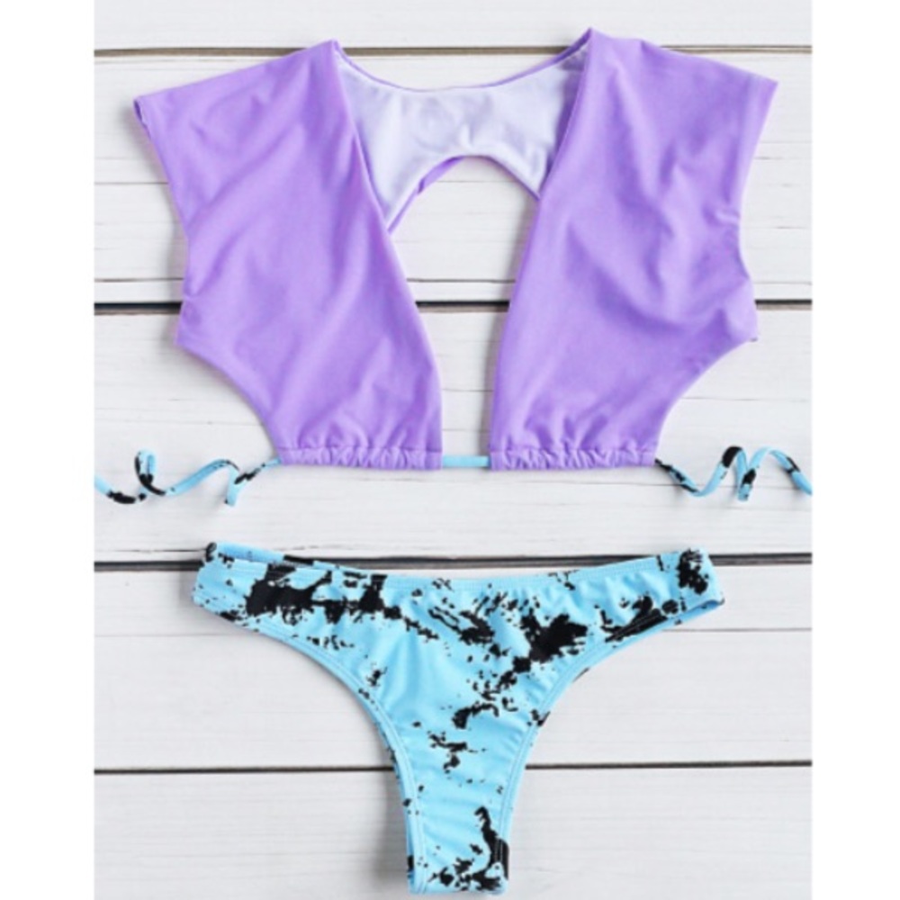 Purple Blue BIKINI Wide Strap Two 2 Piece SWIMSUIT - Picture 5 of 5