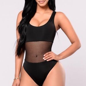 Black fishnet detail one-piece bathing suit