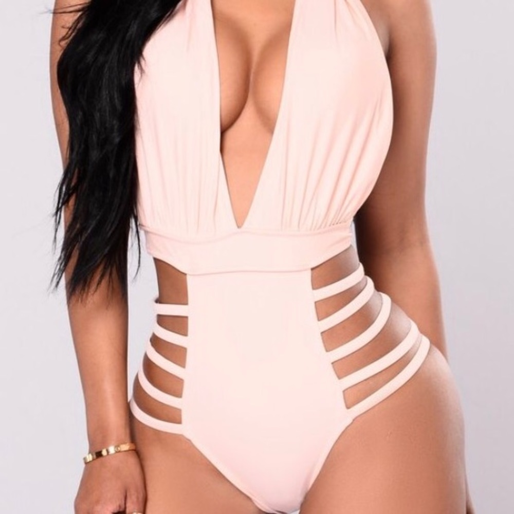 Nude/blush halter one piece bathing suit