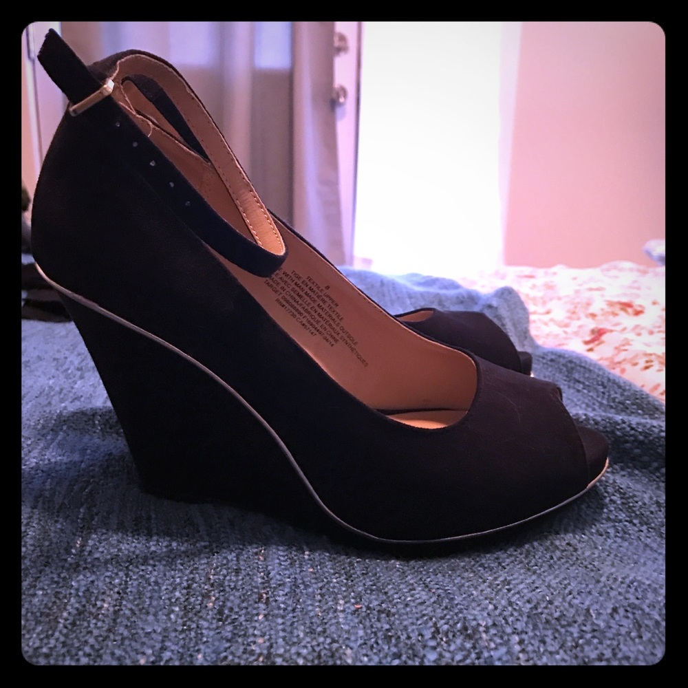 Black, ankle strap, wedge heels, size 8