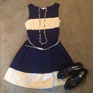Navy blue with creamy beige block stripe dress.