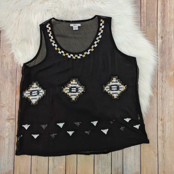 Bar III Tops - Sheer Pitch Black Shell Top w/metallic sequins XL