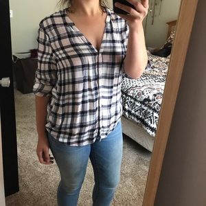 Navy and pink plaid button down