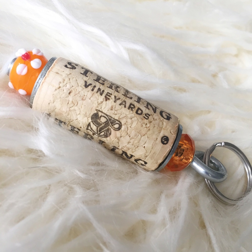 Orange handmade wine cork keychain