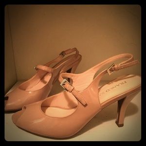 Nude patent peep toe / sling back pumps
