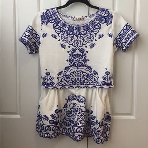 NWOT two piece white and blue crop top, short set