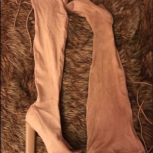 Thigh high peep toe boots