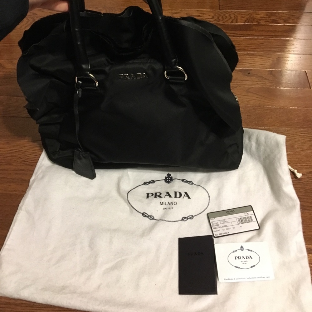 Prada Black Ruffle Tessuto Nylon Tote