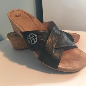 Black leather cross front UGG sandals