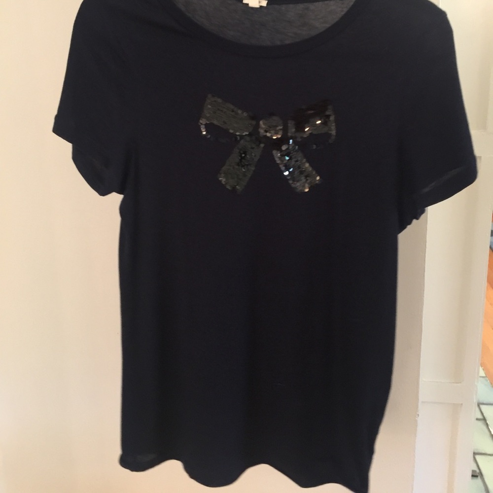 J. Crew navy T-shirt with black sequin bow