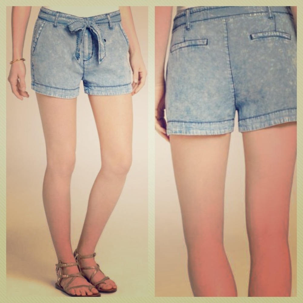 Aqua Chambray Acid Wash Tie Waist Shorts