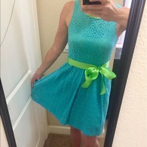 Adorable A-line bright blue eyelet dress