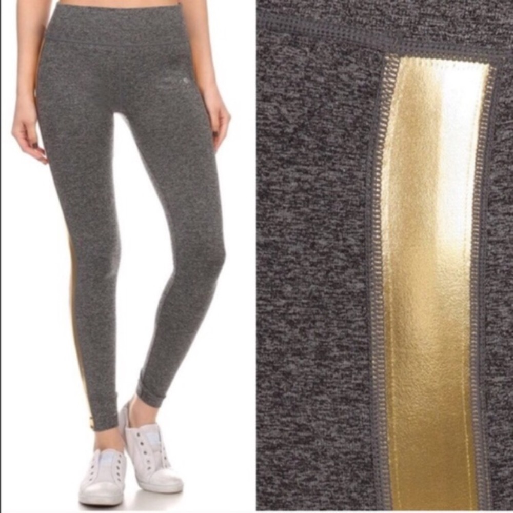Celebrity style luxe metallic gold side leggings. - Picture 2 of 2