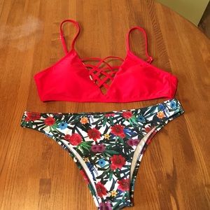 Red Criss Cross Bikini top with floral bottoms
