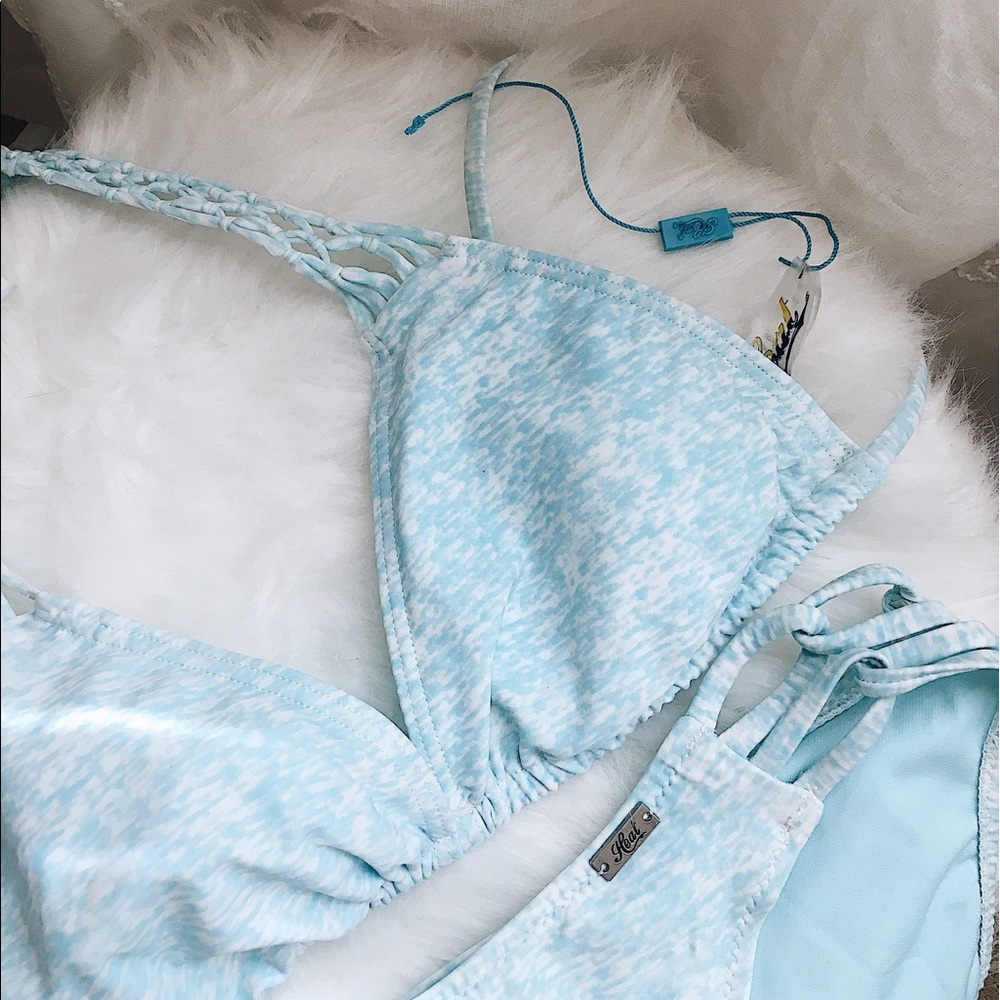NEW Heather Blue Macrame Strap Triangle Bikini Set