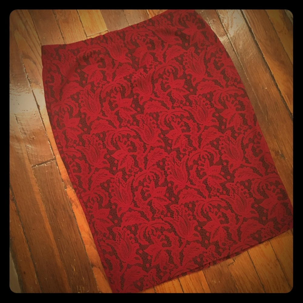 Deep Red and Black Lace Pencil Skirt
