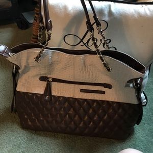 Large cream/ dark brown leather hand bag