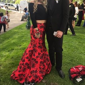red and black two piece sherri hill prom dress