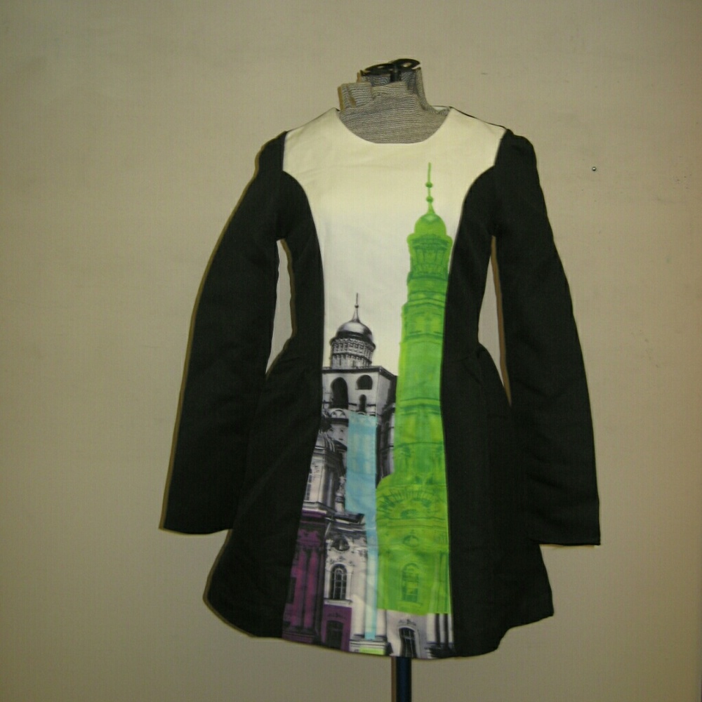 Black dress with large historical green prints