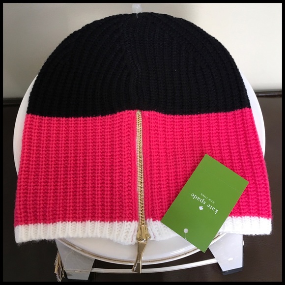 KATE SPADE SIGNATURE ZIPPER BEANIE COLOR BLOCK HAT - Picture 3 of 6
