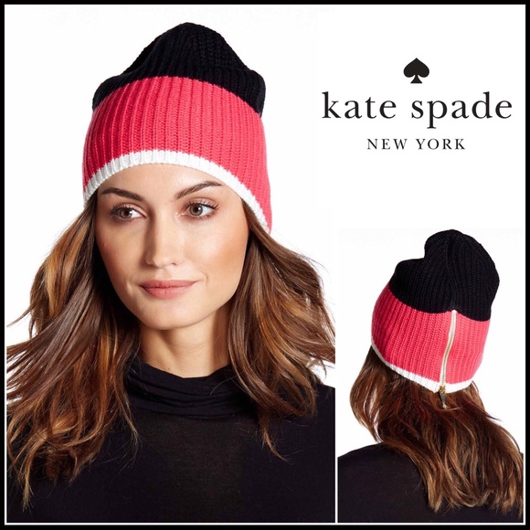 KATE SPADE SIGNATURE ZIPPER BEANIE COLOR BLOCK HAT - Picture 6 of 6