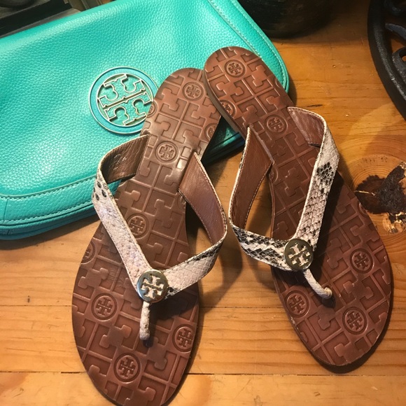 Shoes - Tory Burch Thora Snake  Sandals Gold Flip Flop 9