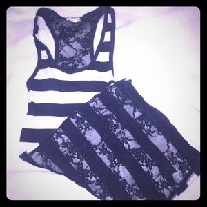 Blue and White Striped Tank Top with Lace Back