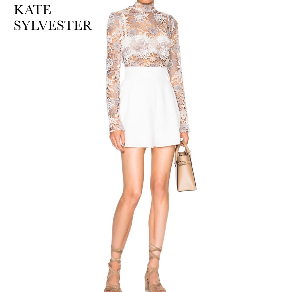 KATE SYLVESTER PAULETTE EMBROIDERED IVORY LACE TOP