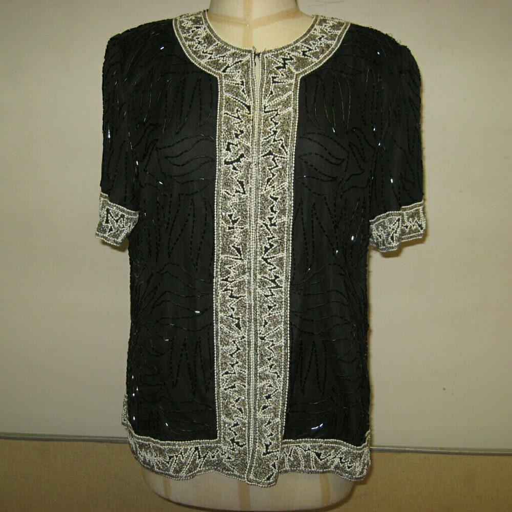 Black silk ornate trim blouse