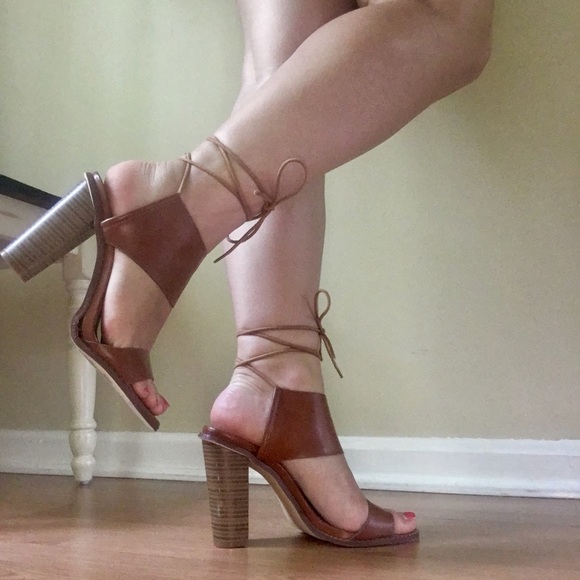 Cognac Brown Lace Up Wooden Heels - Picture 1 of 3