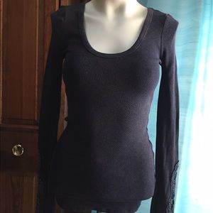 Free People Embroidered Lace Sleeve Thermal Top