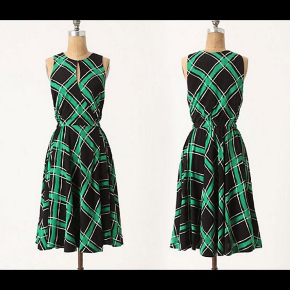 Anthropologie Maple green and black plaid dress