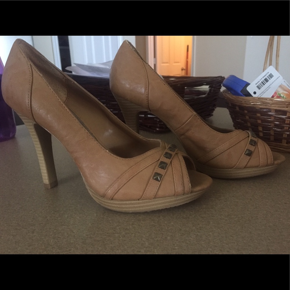 Tan peep toe heels