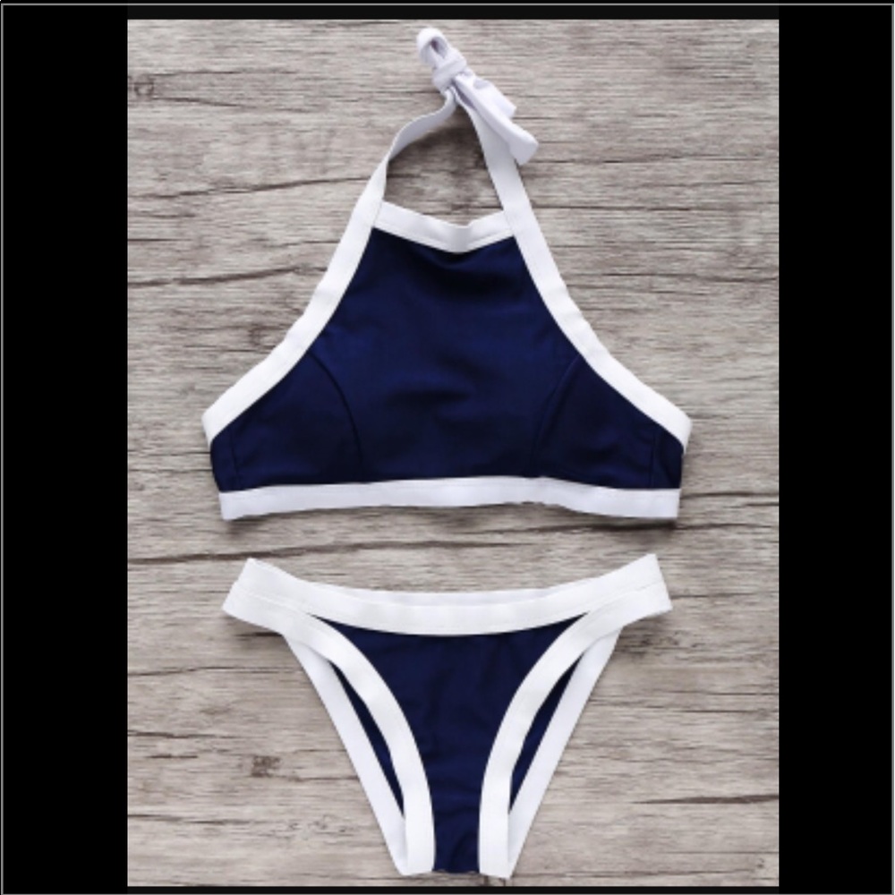 Navy Blue and White Halter Bikini by Zaful