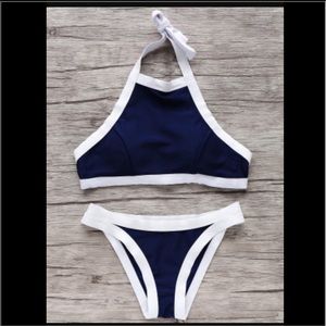Navy Blue and White Halter Bikini by Zaful