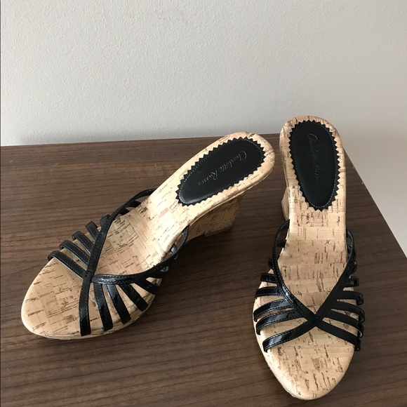 Shoes - Black strappy cork wedges