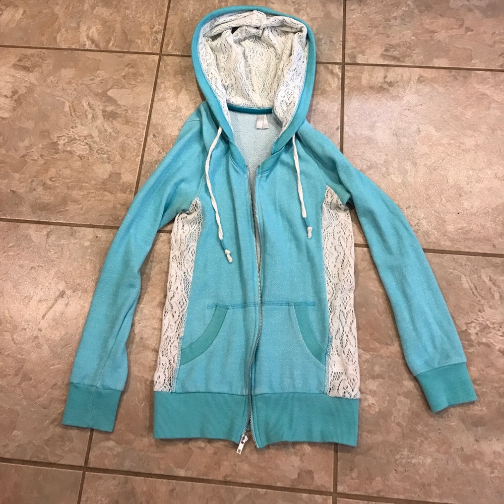 Light blue with lace detail zip up sweatshirt