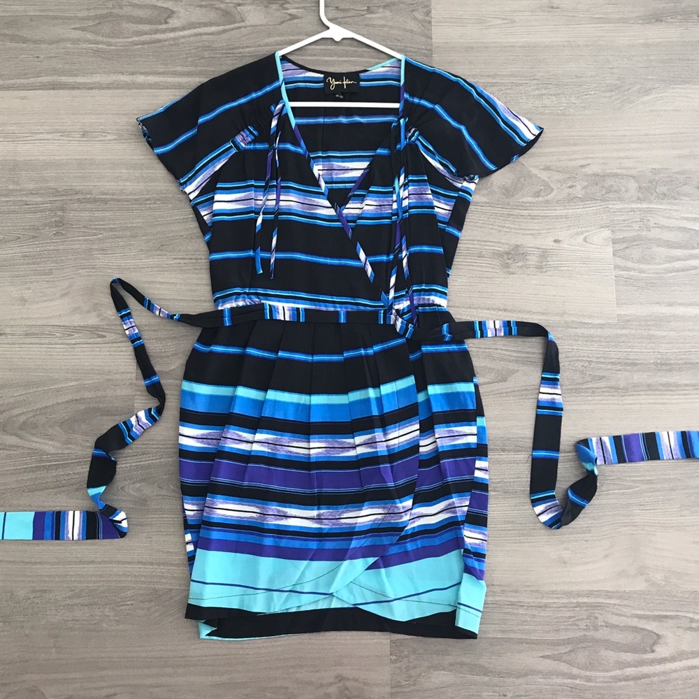 Yumi Kim 💯 silk black & blue mini dress w/ ties