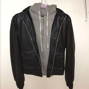 Leather hooded jacket