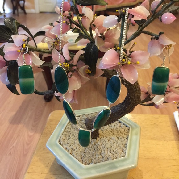 Vintage 925 green lace stone necklace earring