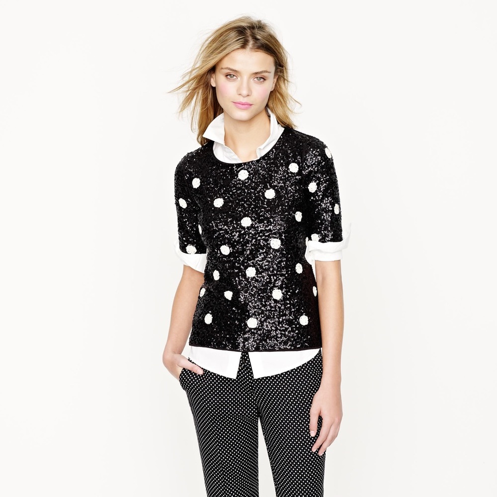 {J.Crew} Black & White Sequined Polka Dot Top