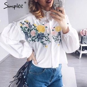 New Women Flower Embroidery Lantern Sleeves Shirt