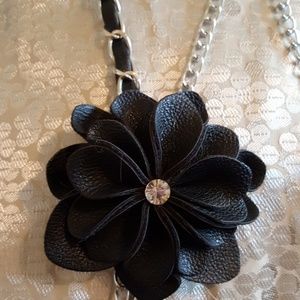 Black leather flower with Rhinestone  chain  belt
