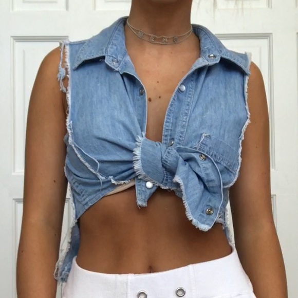 Carmar Tops - Denim crop tie front