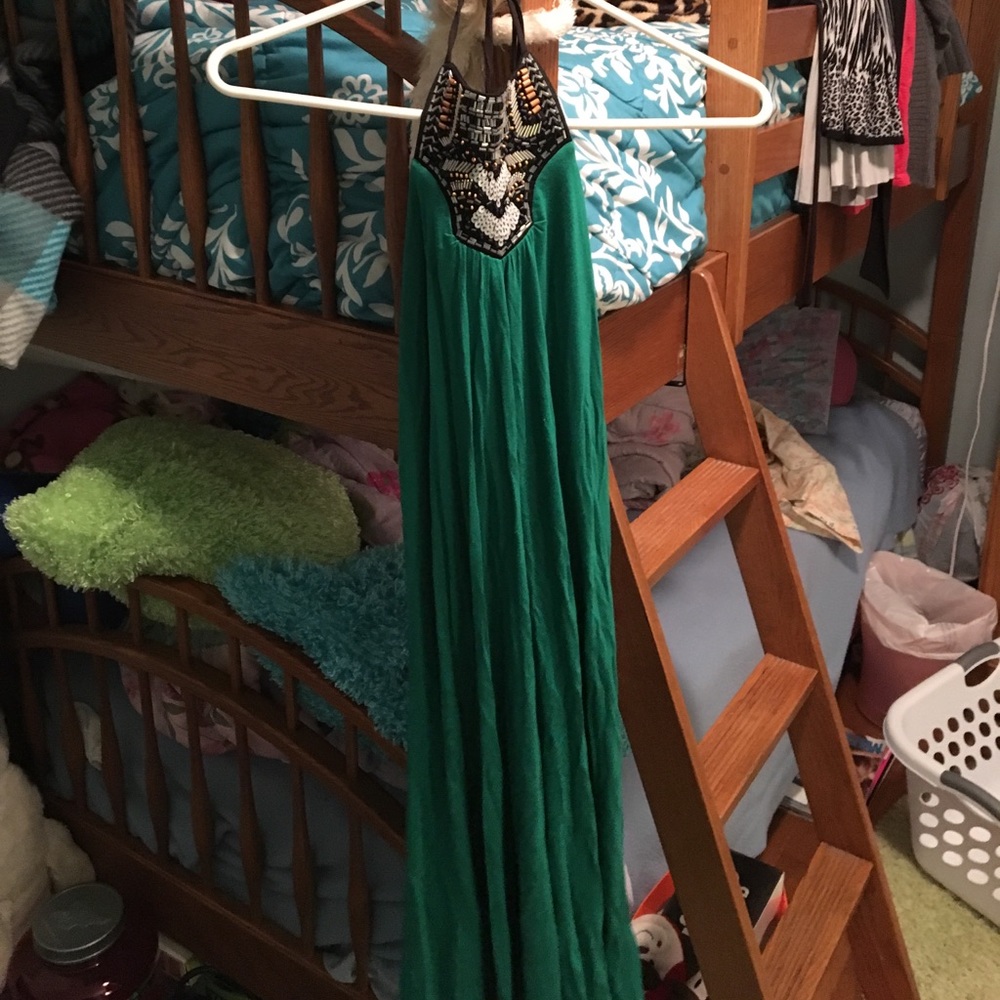 Green halter neck dress